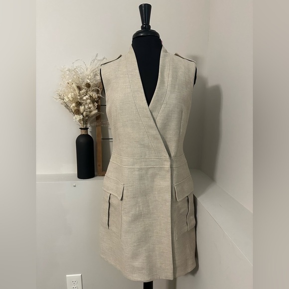BCBGMAXAZRIA Justin Dune Neutral Linen Vest Wrap Dress - Picture 2 of 11